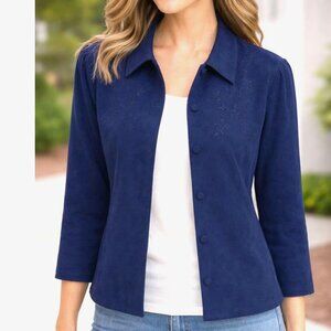 Karin Stevens Blue Embroidered Jacket Covered Buttons Back Slit Womens sz16 VTG